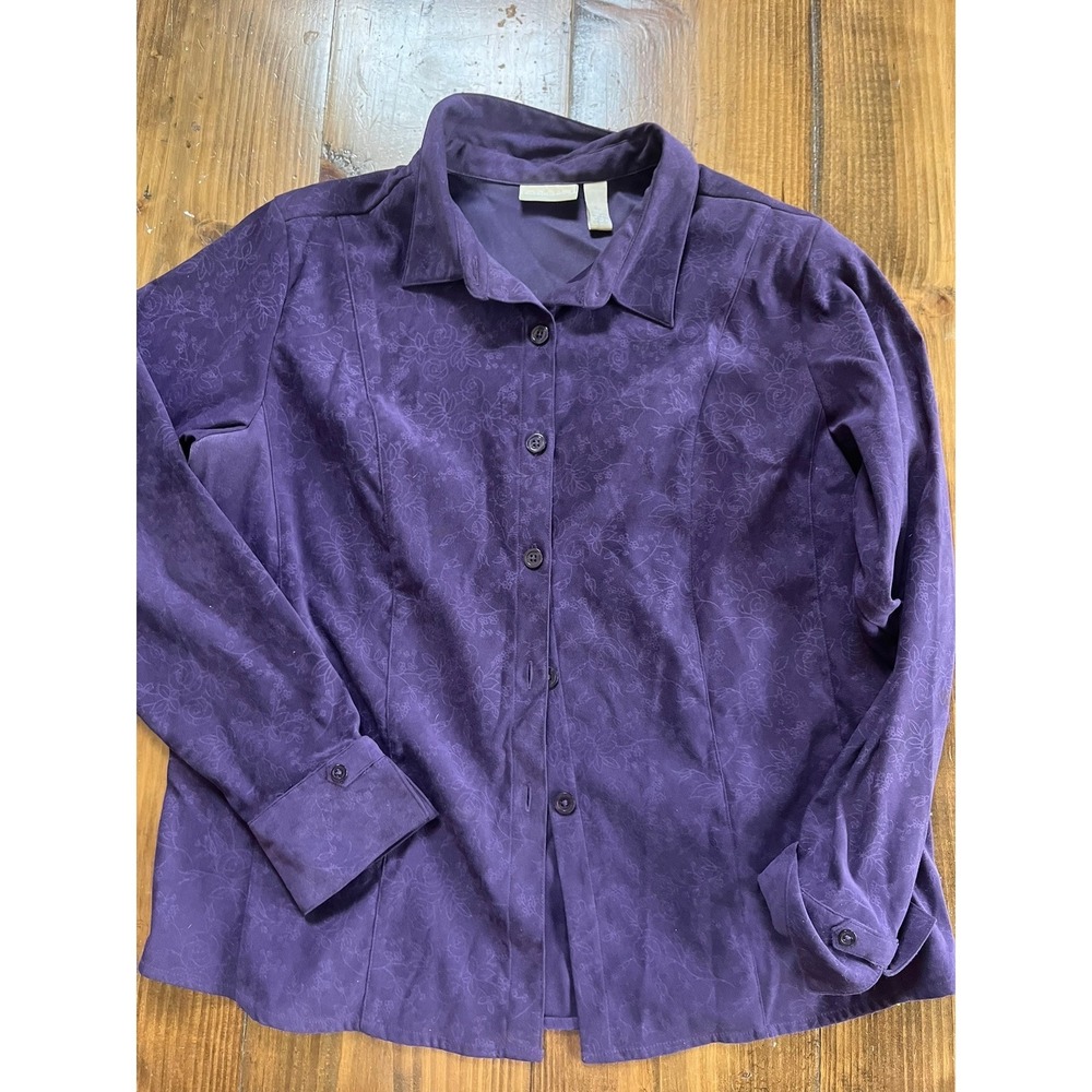Cascade‎ Blue Purple Floral Damask Button Down Shirt Long Sleeve Blouse XL